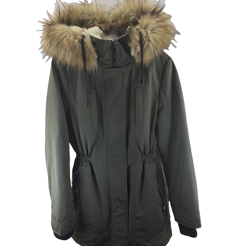 Bella Swan Faux Fur Hood Quilted Parka Coat Green Zip Jacket Womens S Nine West